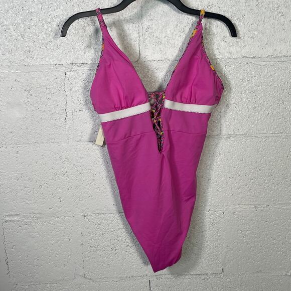 Jessica Simpson Shine Bright Lace Front 1 Piece Swimsuit Tulip Multi Medium - Picture 10 of 12